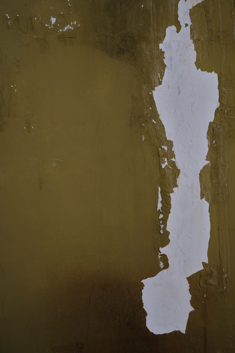 Стена с частично снятой старой побелкой, рядом шпатель и кисть